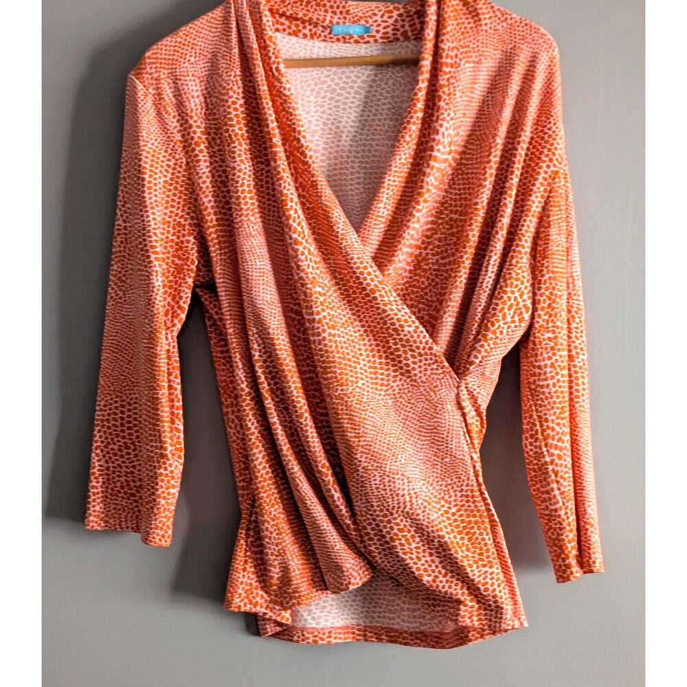 J. McLaughlin Catalina Cloth Faux Wrap Top XL Orange Pink Animal Print - Picture 2 of 14